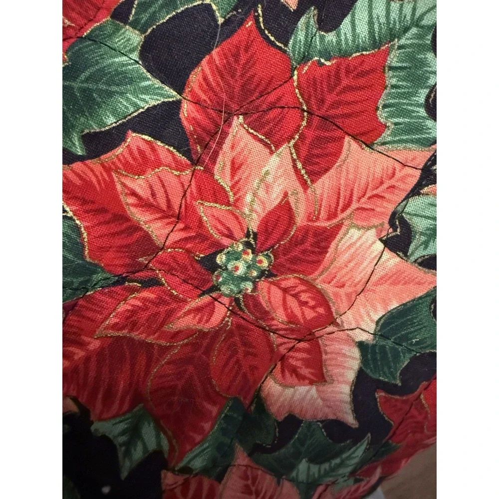 Vintage Reversible Quilted Christmas Table Topper Poinsettia Lace 45
